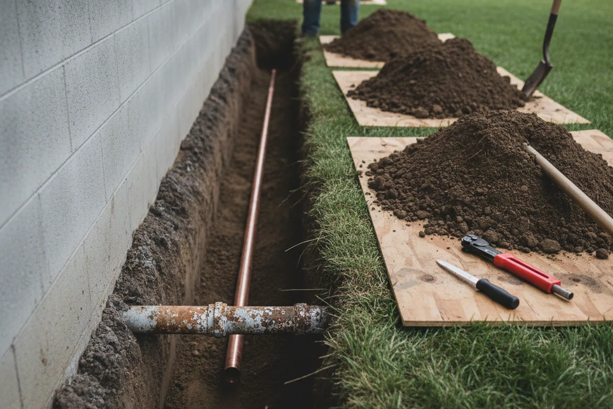 Excavated water line trench during Sewer Line Repair in Columbia Station